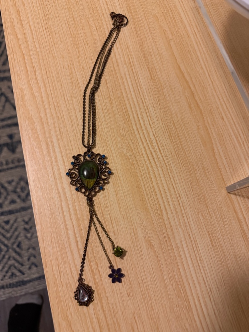 Betsey Johnson Green Teardrop Pendant Necklace with Blue and Purple Accents